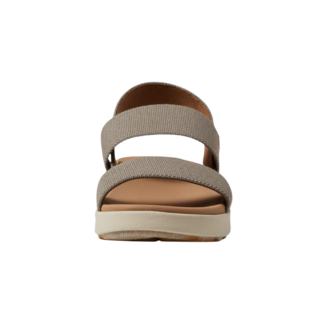 Front view of Women’s Elle Backstrap sandal in brindle and birch – featuring crisscross elastic straps for foot-hugging fit, open toe for ventilation, and subtle color contrast for casual appeal.