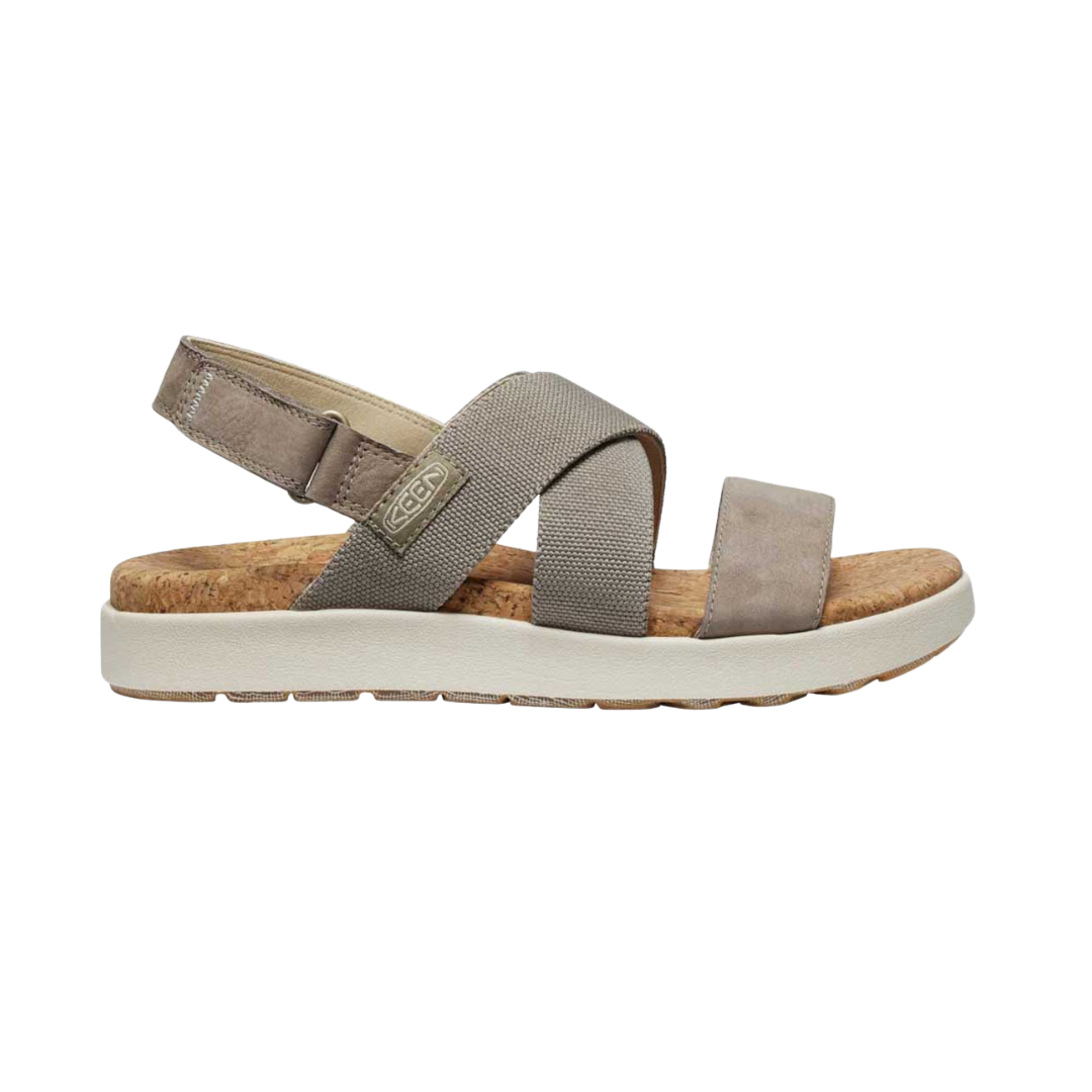 Side view of Women’s Elle Criss Cross sandal in brindle and birch – featuring crisscross elastic straps for flexible fit, cushioned EVA midsole for lightweight comfort, and adjustable hook-and-loop backstrap for secure wear.