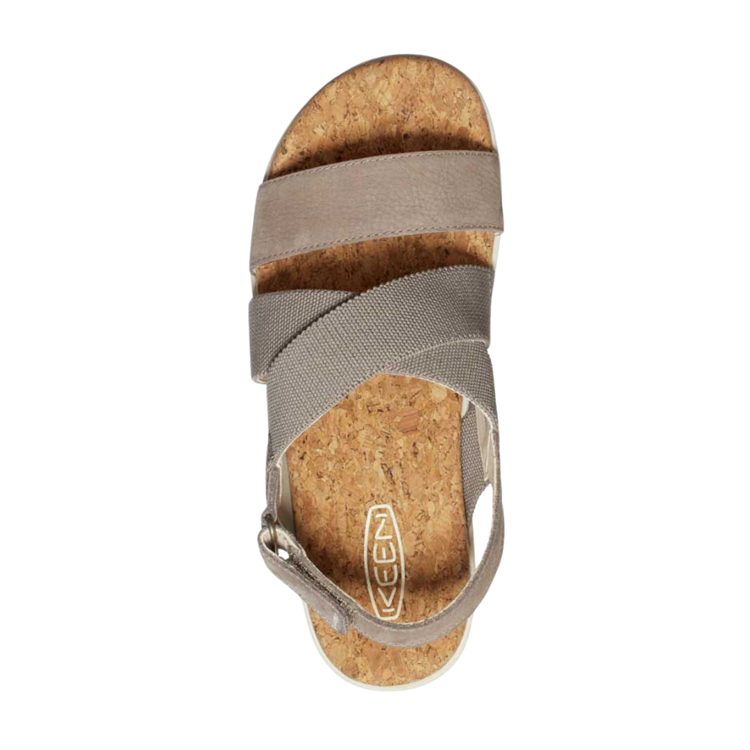 Top view of Women’s Elle Criss Cross sandal in brindle and birch – featuring soft elastic straps for breathability, contoured footbed with gentle arch support, and open toe design for ventilation.