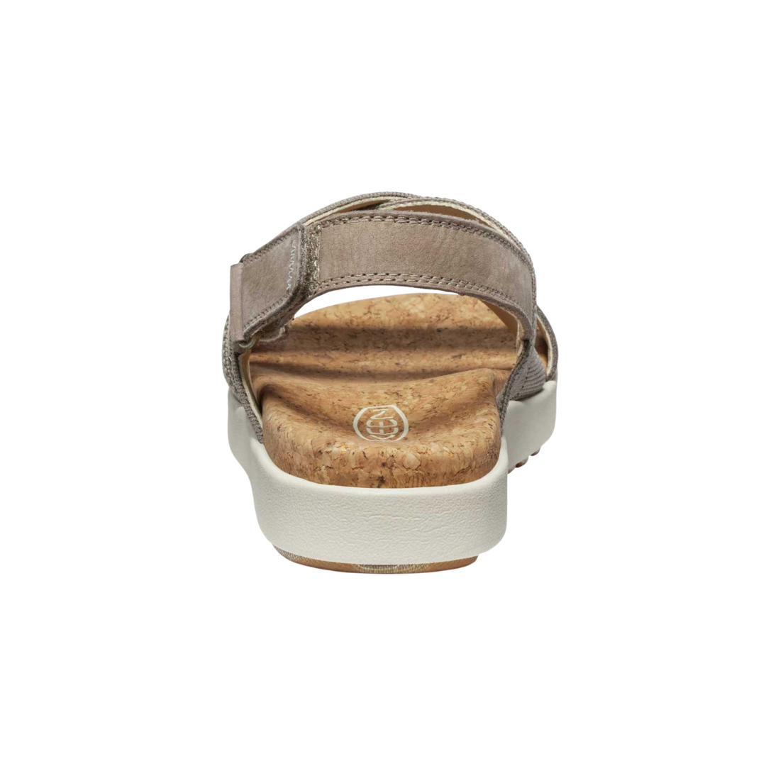 Back view of Women’s Elle Criss Cross sandal in brindle and birch – featuring a supportive heel strap with hook-and-loop closure, low-profile heel for stability, and clean rear panel for versatile styling.
