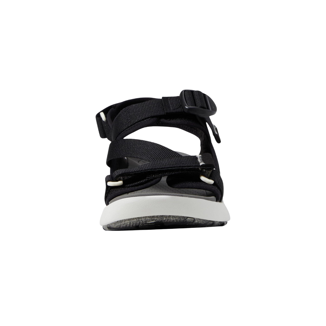 Front view of Women’s Elle Sport Backstrap sandal in black and steel grey – featuring wide crisscross straps for foot-hugging fit, open forefoot for ventilation, and seamless upper design for smooth feel.