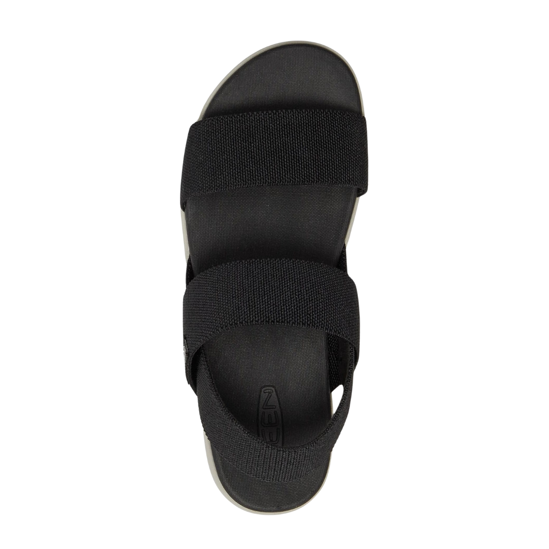 Top view of Women’s Elle Strappy sandal in black and vapor – featuring padded straps for irritation-free wear, contoured footbed with arch support, and open design for breathability.