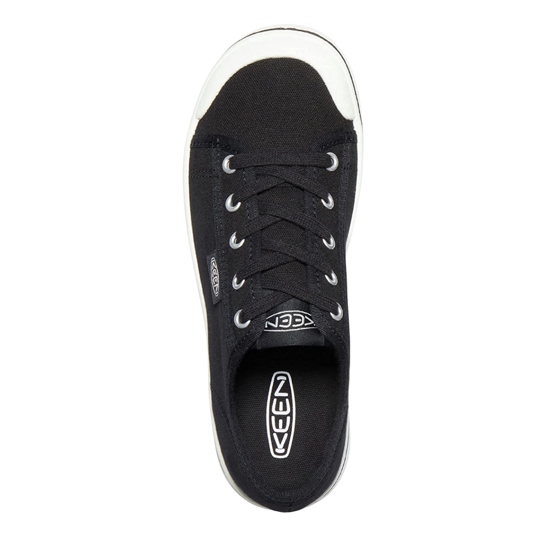 Top view of Women’s Elsa Lite sneaker in black and star white – featuring soft canvas lining for moisture control, traditional lace-up closure for a secure fit, and padded collar for added ankle comfort.