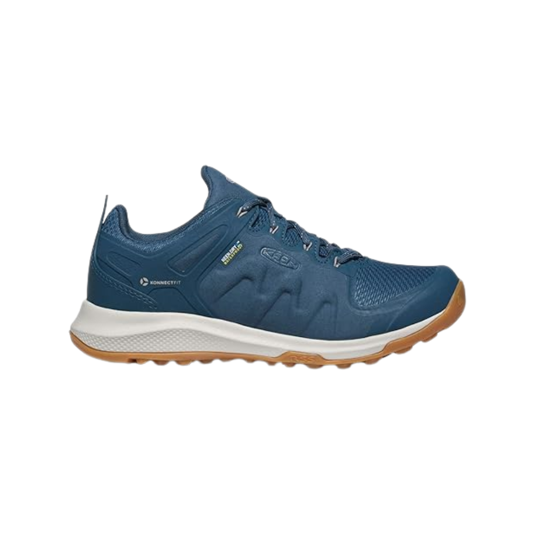 Side view of Women’s Explore Waterproof Hiking Shoe in majolica blue and satellite – featuring a KEEN.DRY waterproof membrane to keep feet dry, durable synthetic and mesh upper for support, and cushioned midsole for all-day trail comfort.