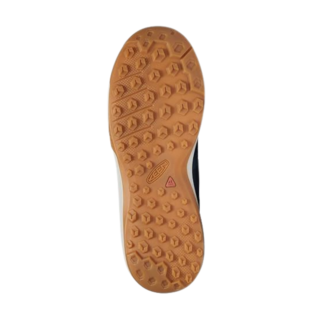 Bottom view of Women’s Explore Waterproof Hiking Shoe in majolica blue and satellite – featuring a rugged rubber outsole with multi-directional lugs for reliable traction, flex grooves for natural foot motion, and heel brake zone for controlled descents.