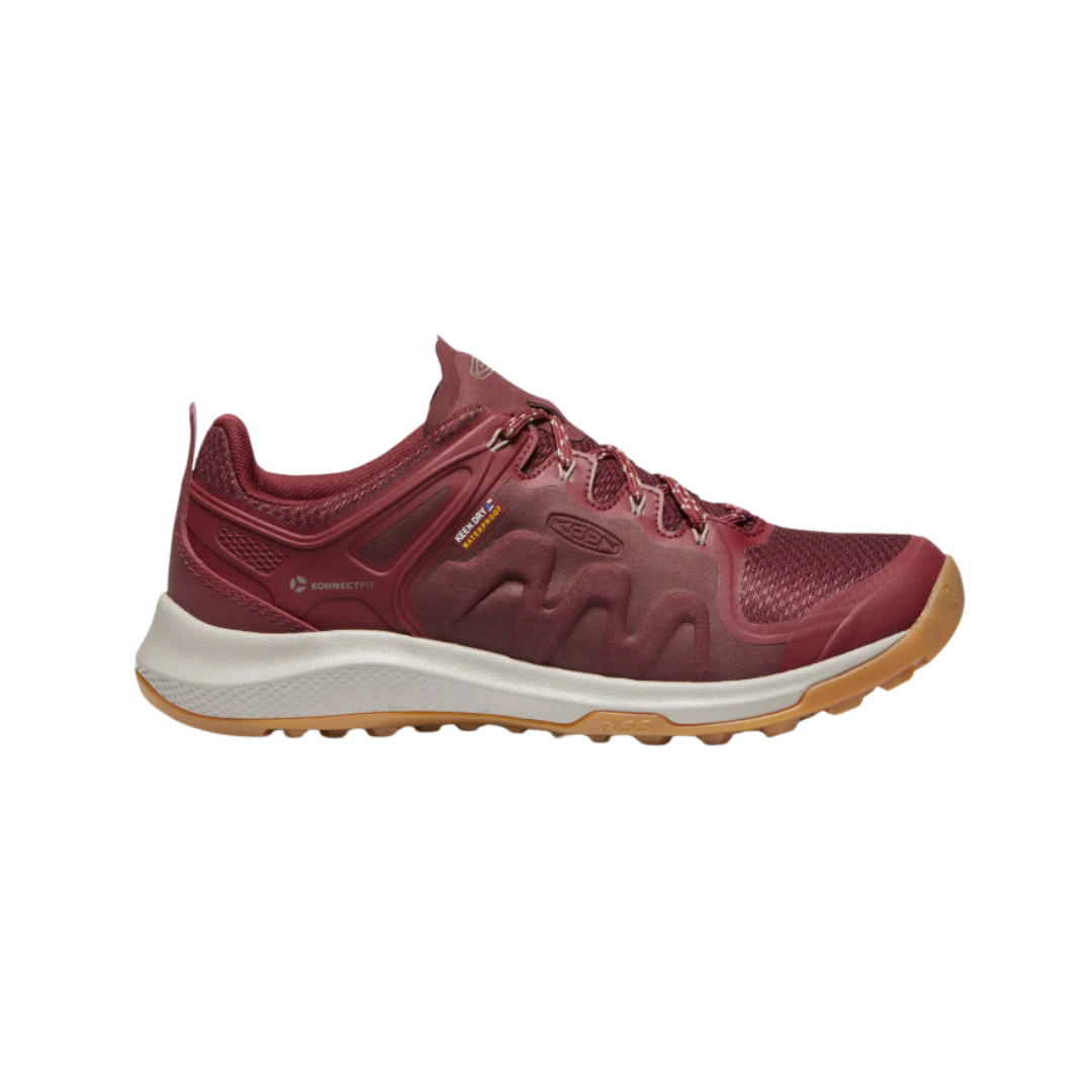 Side view of Women’s Explore Waterproof Hiking Shoe in tawny port and satellite – featuring a KEEN.DRY waterproof breathable membrane to keep feet dry, durable synthetic and mesh upper for lightweight support, and cushioned midsole for all-day comfort on the trail.