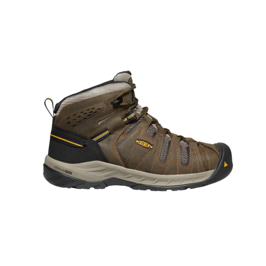 Side view of Men’s Flint II Mid (Steel Toe) Boot in Cascade Brown/Gold Rod – showcasing protective steel toe construction, breathable mesh panels, and contoured mid-height design for job-ready comfort and safety.