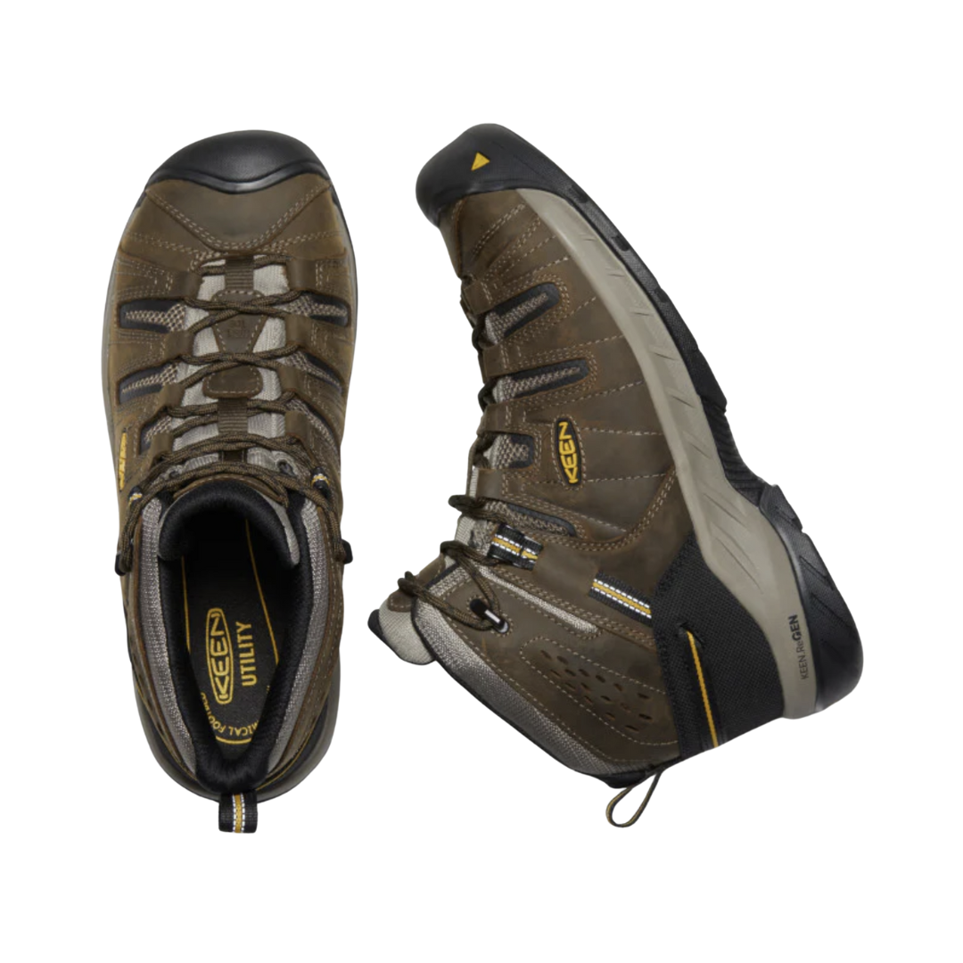 Top and Side View of Men’s Keen Flint II Mid Steel Toe Boot in cascade brown/gold rod – featuring breathable mesh panels, secure lace-up closure, padded collar and tongue for comfort, and a supportive cushioned midsole for all-day wear.