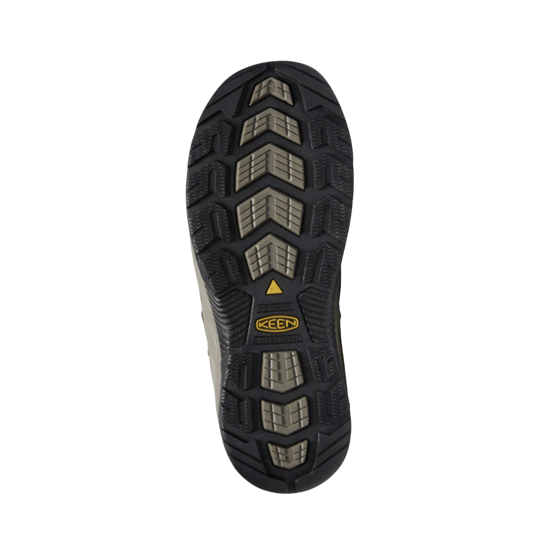 Bottom View of Men’s Keen Flint II Mid Steel Toe Boot in cascade brown/gold rod – featuring a slip-resistant rubber outsole with aggressive multi-directional lugs for excellent traction on various surfaces.