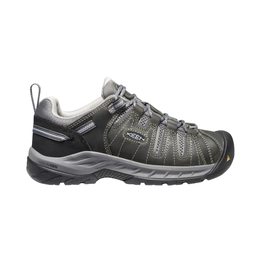 Side View of Women’s Keen Flint II Soft Toe Shoe in steel grey/paloma – featuring a breathable mesh and leather upper, secure lace-up closure, padded collar and tongue for comfort, and a cushioned midsole for all-day support.