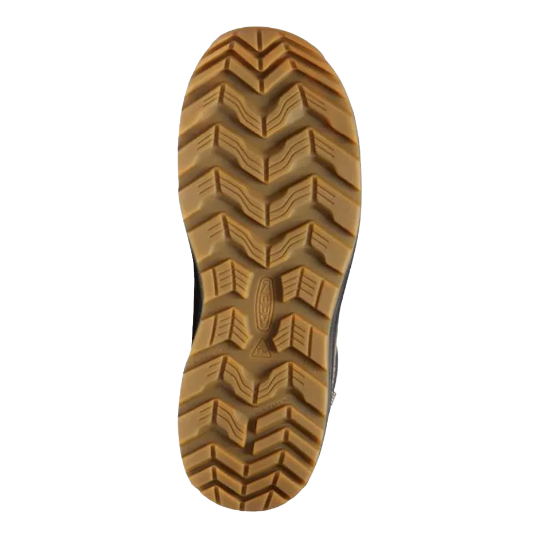 Bottom view of Men’s Fort Wayne 6-inch Waterproof (Soft Toe) Boot in Dark Earth/Gum – featuring a slip- and oil-resistant gum rubber outsole with deep tread pattern designed for traction and durability on varied work surfaces.
