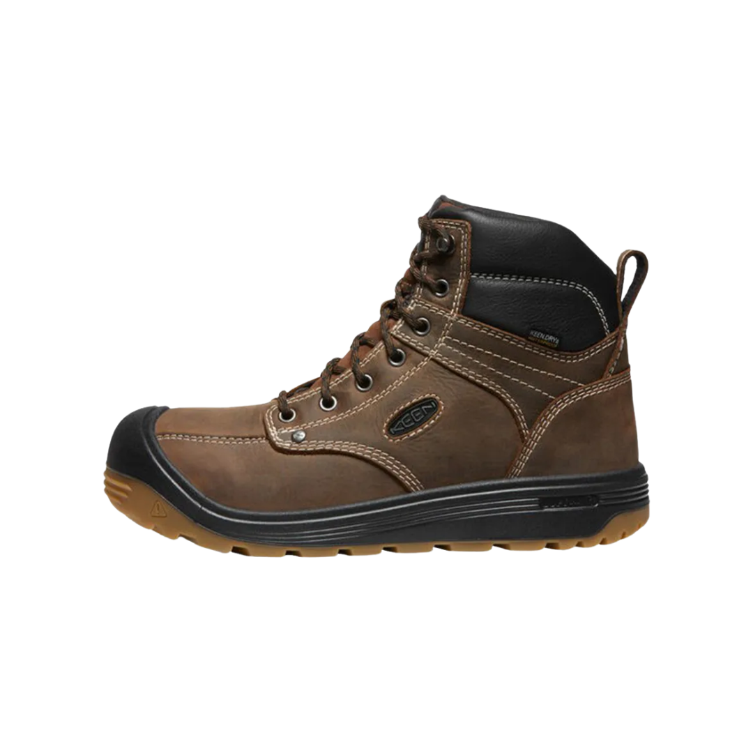 Side view of Men’s Fort Wayne 6-inch Waterproof (Soft Toe) Boot in Dark Earth/Gum – showcasing waterproof seam-sealed construction, contrast stitching, and a mid-height silhouette ideal for wet, rugged jobsite conditions.