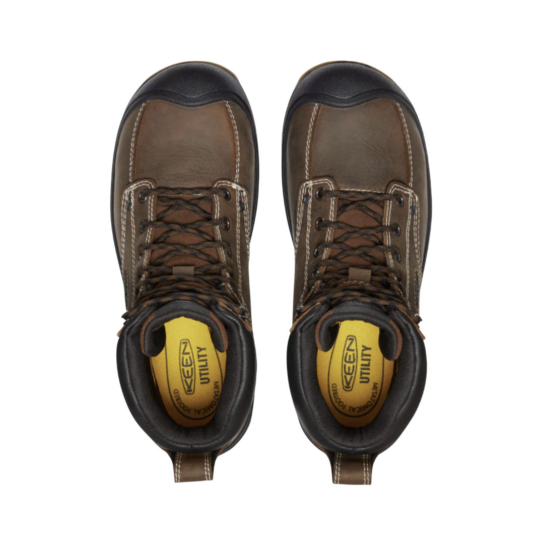 Top view of Men’s Fort Wayne 6-inch Waterproof (Soft Toe) Boot in Dark Earth/Gum – displaying full-grain leather in a deep earth tone, classic lace-up system, and ergonomic shaping built for comfort and support.