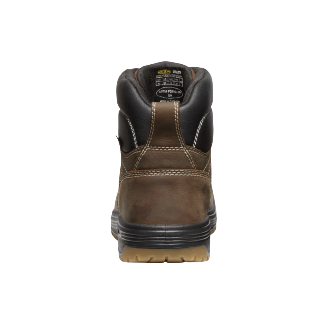 Back View of Men’s Keen Fort Wayne 6 Inch Waterproof Soft Toe Boot in dark earth/gum – featuring a padded heel collar for enhanced support, reinforced heel counter for durability, and a sturdy rubber outsole designed for stability and traction.