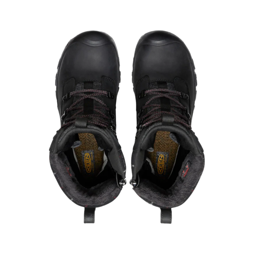 Top view of Women’s Greta Tall Waterproof Boot in black and black plaid – featuring a soft fleece lining for cozy warmth, wide boot opening for easy entry, and cushioned insole with thermal barrier for underfoot insulation.