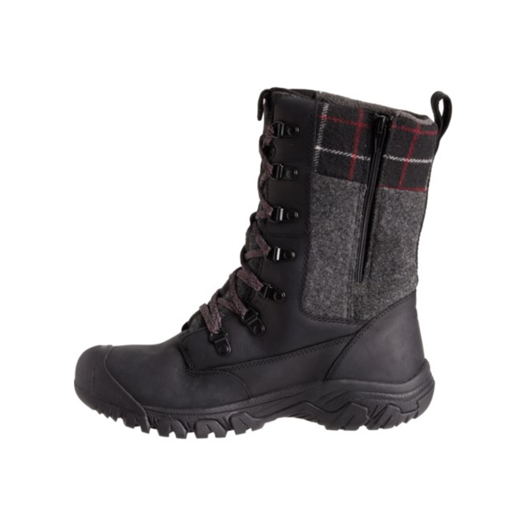 Side view of Women’s Greta Tall Waterproof Boot in black and black plaid – featuring a waterproof leather and textile upper for wet weather protection, KEEN.WARM insulation rated to -25°F for cold climate performance, and a tall shaft height for extended coverage.