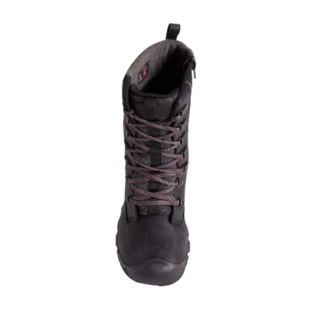 Front view of Women’s Greta Tall Waterproof Boot in black and black plaid – featuring a reinforced toe box for trail and city protection, front seam stitching for structured fit, and quilted texture accents for added warmth.
