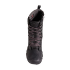 Front view of Women’s Greta Tall Waterproof Boot in black and black plaid – featuring a reinforced toe box for trail and city protection, front seam stitching for structured fit, and quilted texture accents for added warmth.