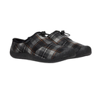 Side View of Women’s Keen Howser III Slide in black plaid and steel grey – featuring fleece lining, cushioned footbed, and non-marking rubber outsole for cozy, casual comfort.