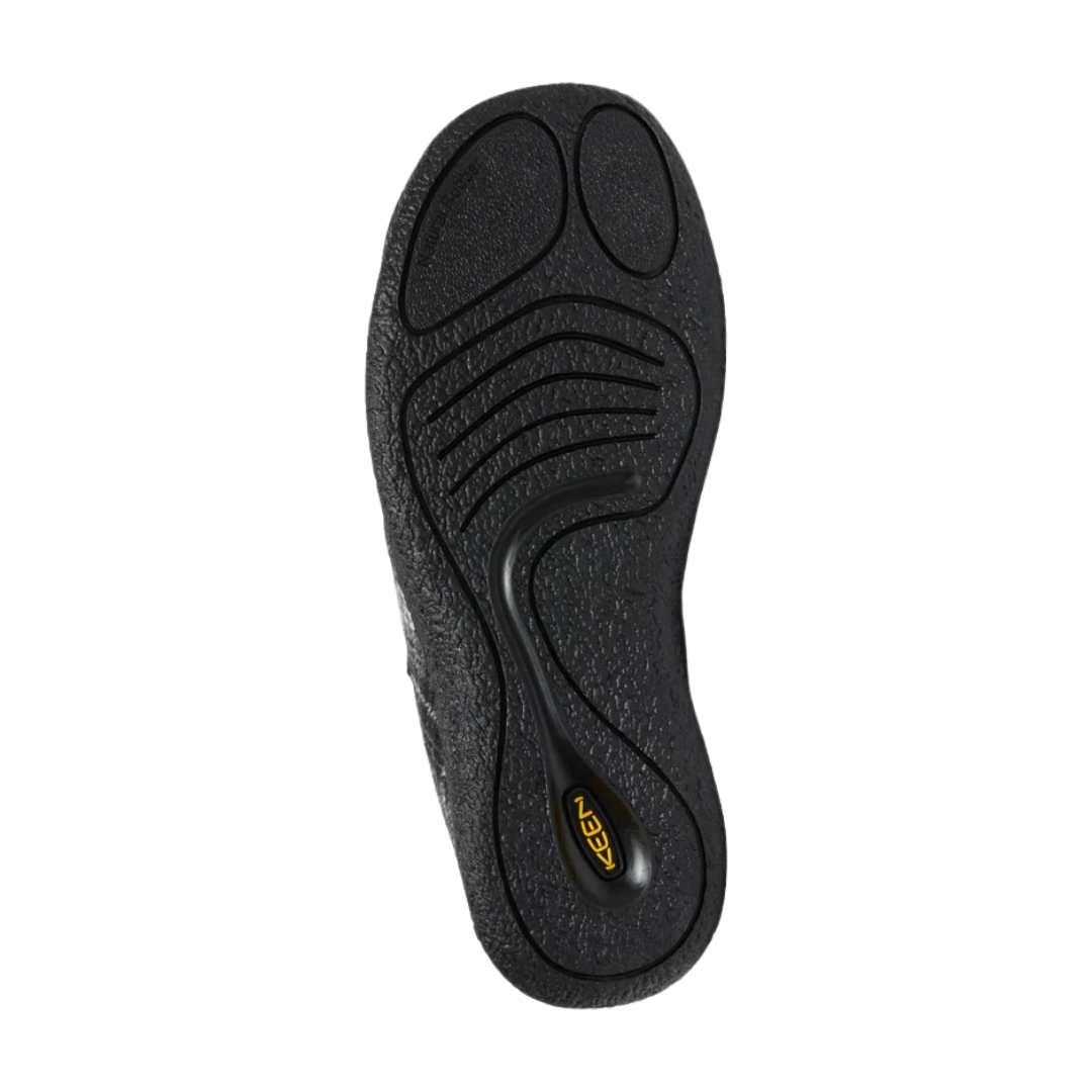 Bottom view of Women’s Keen Howser III Slide in black plaid and steel grey – featuring a non-marking rubber outsole, wave-textured tread for added grip, and flexible sole construction for natural foot movement.