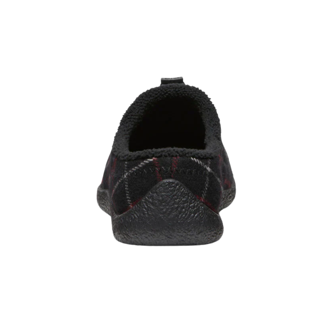 Back view of Women’s Howser III Slide in black plaid – featuring a partially collapsible heel for step-in ease, low-cut design for slip-on convenience, and subtle pull tab for quick adjustments.