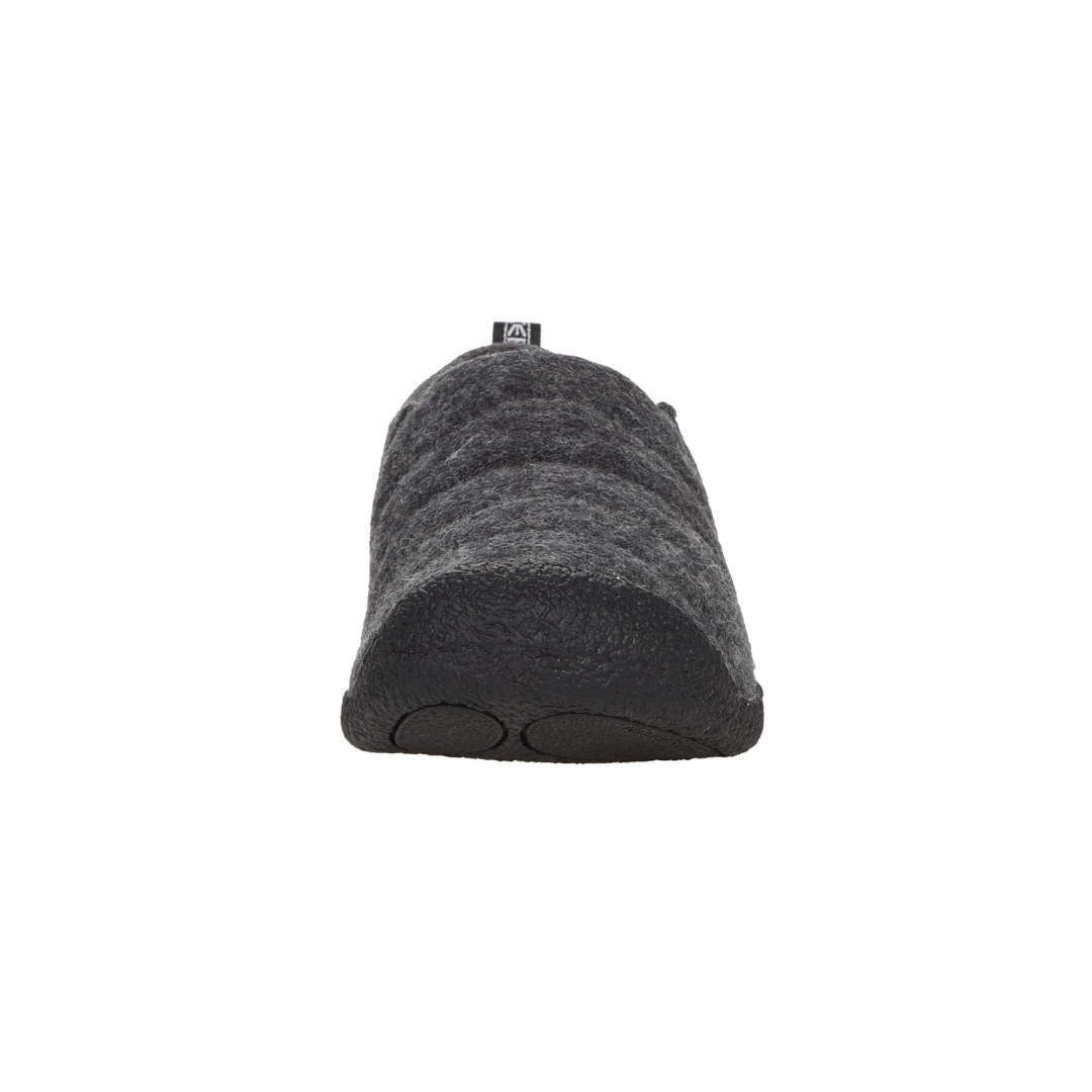 Front view of Women’s Howser II slip-on in grey felt and black – featuring an open rounded toe, quilted fabric detailing, and elastic gore panels for snug fit.