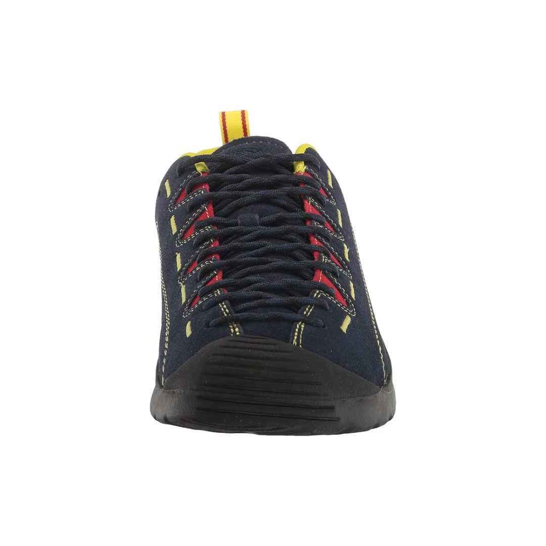 Front view of Men’s Jasper in Black Iris/Red Carpet – featuring a low-profile climbing-inspired toe with rounded rubber bumper, suede leather upper, and secure lace-up system extending to the toe for a snug, customized fit.