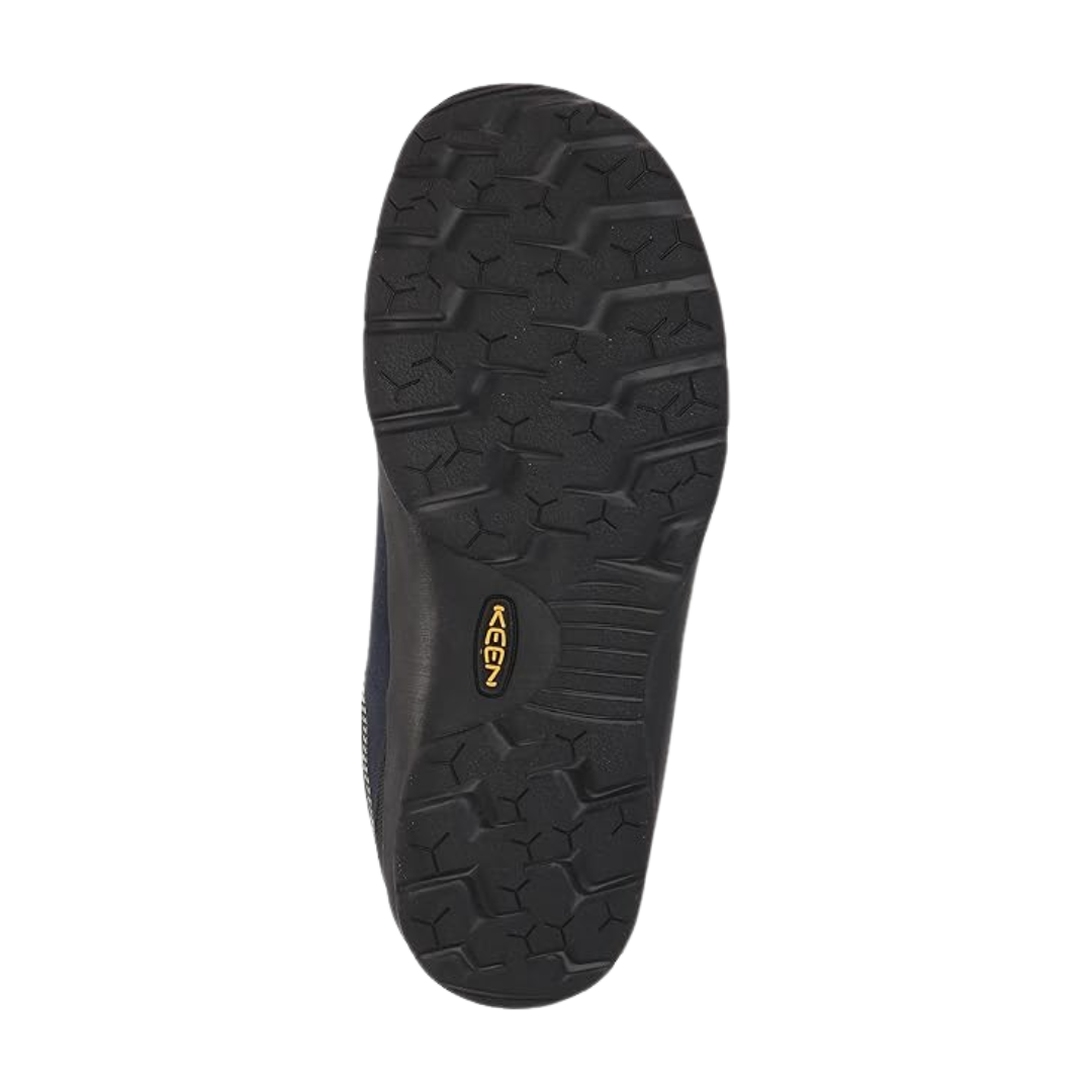 Bottom view of Men’s Jasper in Black Iris/Red Carpet – featuring a non-marking rubber outsole with multidirectional tread for flexible traction on both urban and light trail surfaces.
