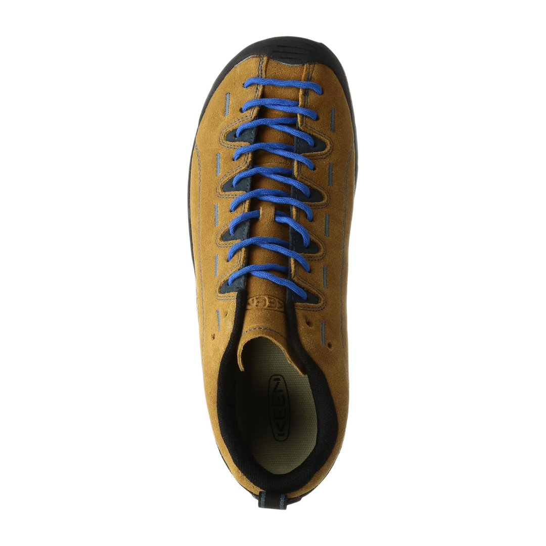 Top view of Men’s Jasper Suede Sneaker in Cathay Spice/Orion Blue – featuring a full-length lace-up closure, soft suede in golden Cathay Spice, and a contoured footbed for personalized comfort.