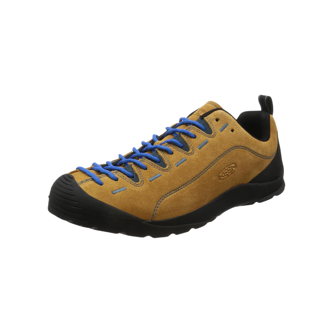 Angled view of Men’s Jasper Suede Sneaker in Cathay Spice/Orion Blue – featuring a wrapped rubber toe, golden brown suede upper, and outdoor-inspired styling blended with casual sneaker comfort.