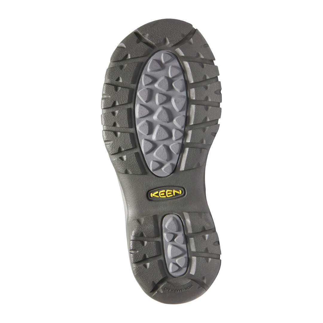 Bottom view of Women’s Kaci II Slip-On in castor grey and raven – featuring a non-marking rubber outsole with multidirectional lugs for improved traction, KEEN.ALL-TERRAIN grip for varied surfaces, and heel stability shank for added support.