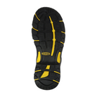 Bottom view of Men’s Logandale Mid Waterproof (Steel Toe) boot in raven and black – featuring an oil- and slip-resistant rubber outsole, aggressive lug pattern for secure traction, and stable heel for ladder and uneven surface safety.