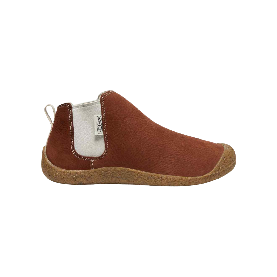 Side view of Women’s Mosey Chelsea Leather Boot in tortoise shell and birch – featuring premium environmentally preferred leather, stretch gore side panels for easy on and off, and cushioned insole for all-day comfort.
