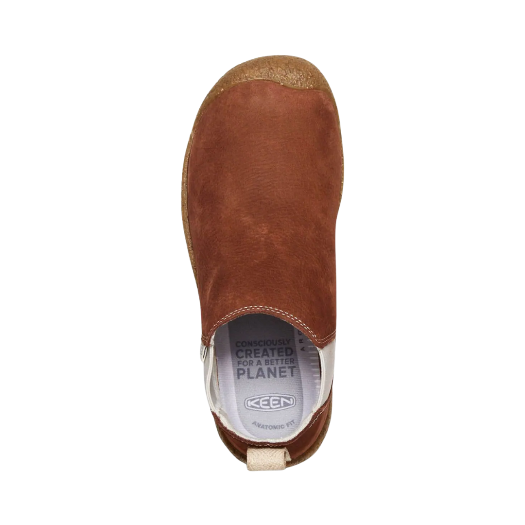 Top View of Women’s Keen Mosey Chelsea Leather Boot in tortoise shell/birch – featuring a smooth leather upper, elastic side panels for easy slip-on, padded collar for comfort, and a lightweight flexible sole for all-day wear.