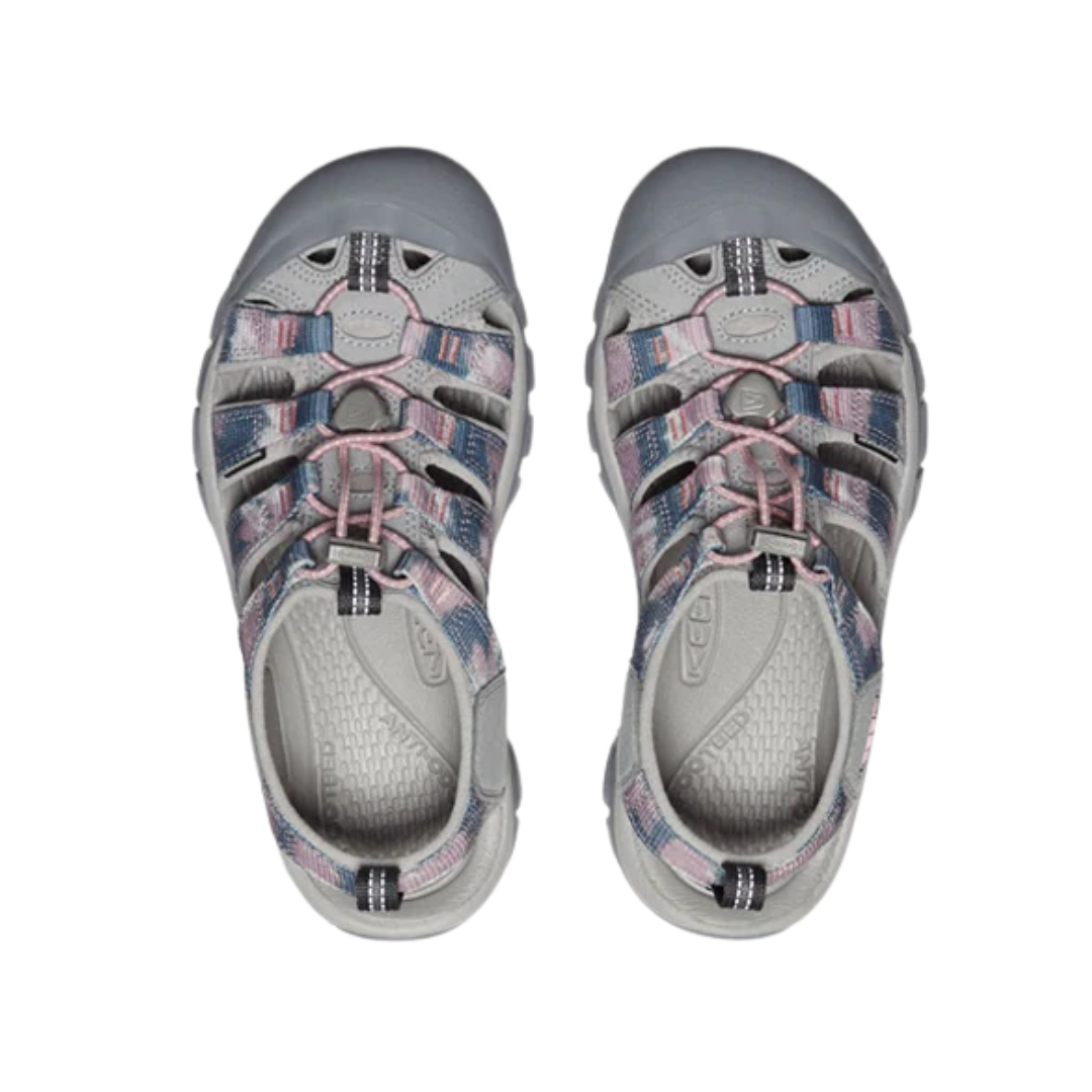 Top view of Women’s Newport H2 sandal in fawn and tie dye – featuring open strappy design for breathability, padded footbed with arch support, and easy slip-on style with adjustable closure.