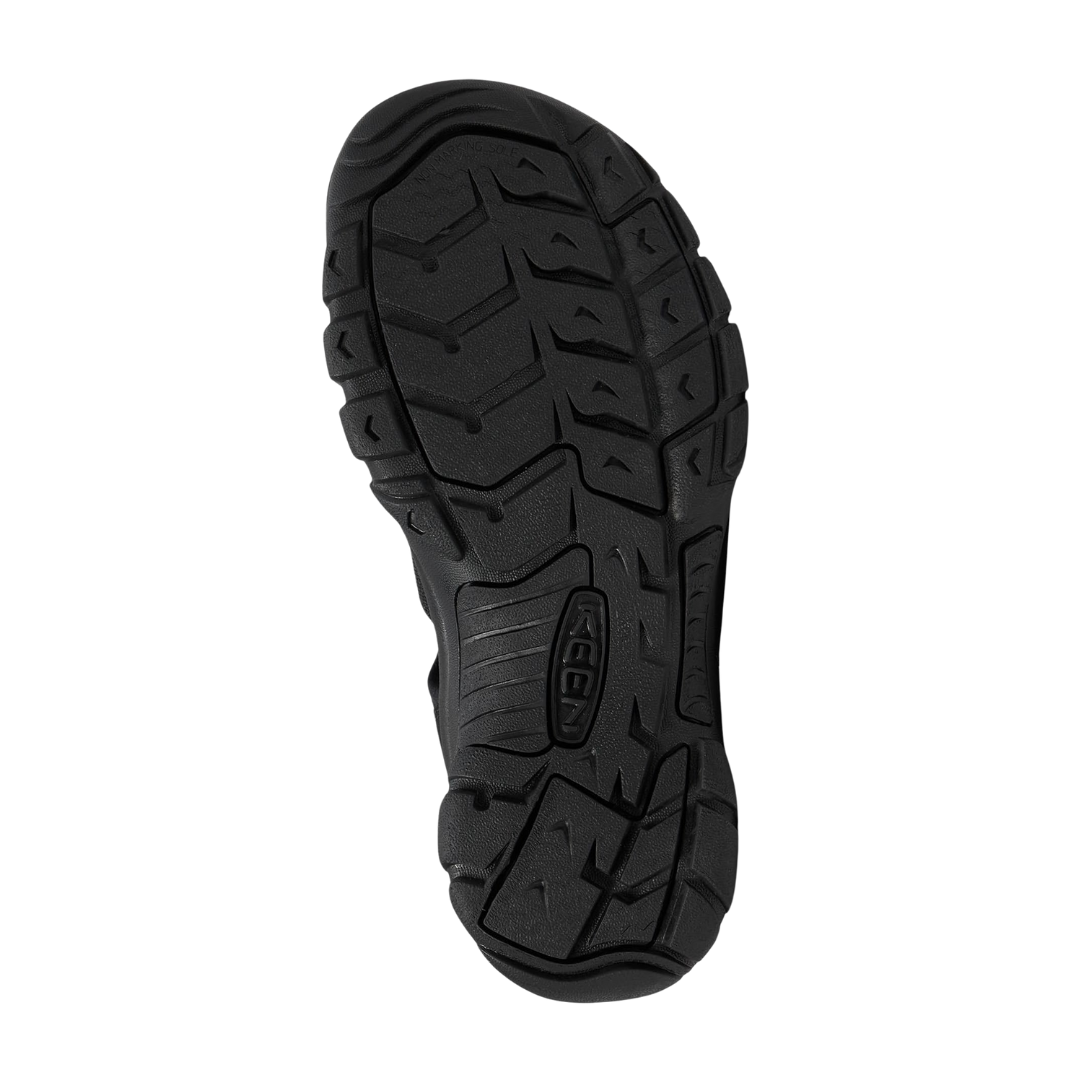 Bottom view of Men’s Newport H2 sandal in black – featuring razor-siped rubber outsole for superior wet traction, multidirectional lug pattern for grip on varied terrain, and non-marking sole for versatile indoor/outdoor use.