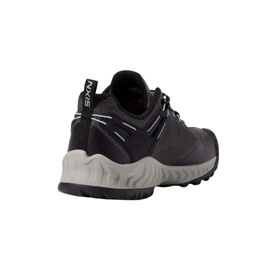 Back view of Men’s NXIS Evo Waterproof shoe in magnet and vapor – featuring a molded heel counter for secure rearfoot fit, pull tab for easy on and off, and reflective accents for low-light visibility on the trail.
