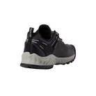Back view of Men’s NXIS Evo Waterproof shoe in magnet and vapor – featuring a molded heel counter for secure rearfoot fit, pull tab for easy on and off, and reflective accents for low-light visibility on the trail.