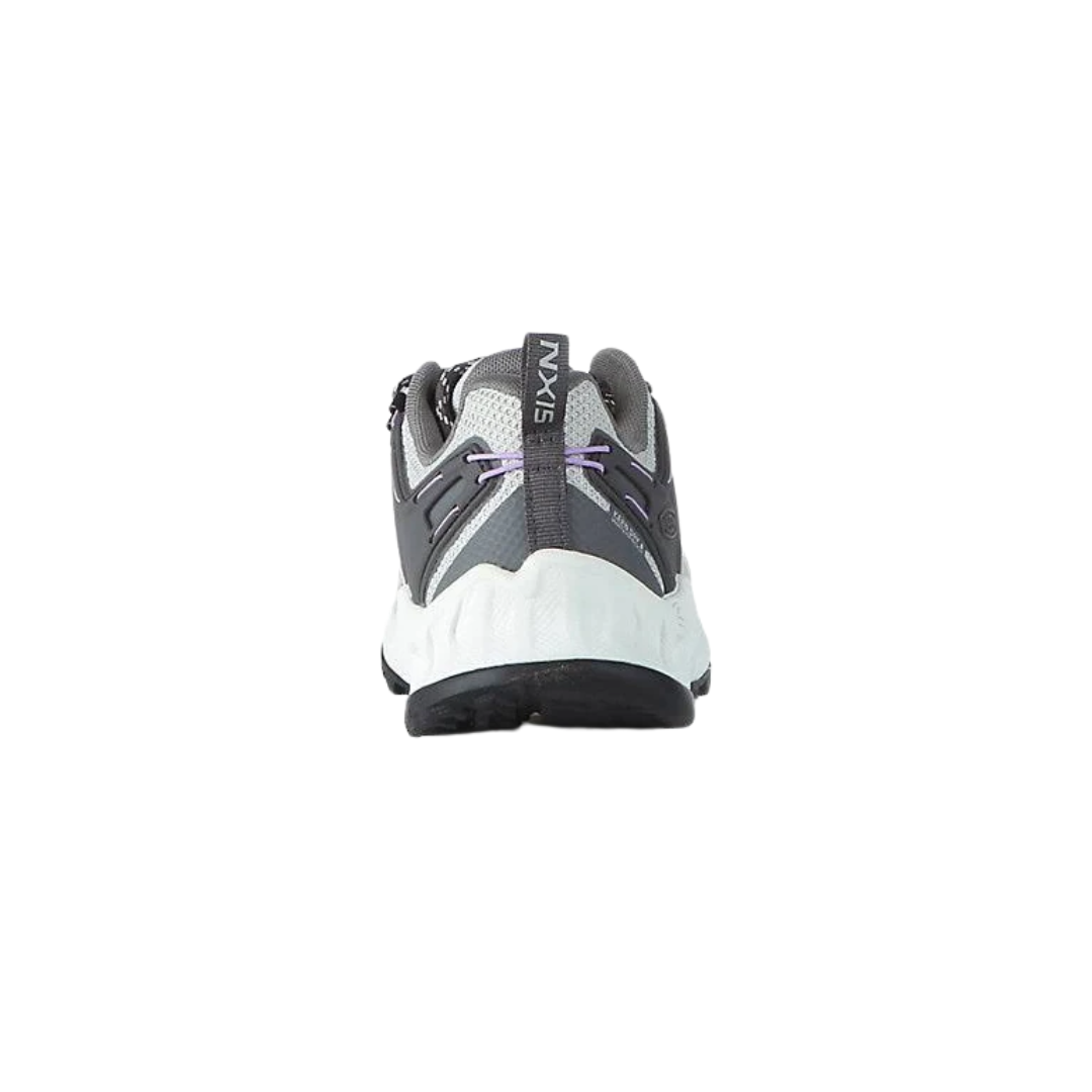 Back view of Women’s NXIS Evo Waterproof shoe in steel grey and English lavender – featuring a molded heel cradle for rearfoot stability, heel pull loop for easy on and off, and reflective accents for visibility during low-light adventures.