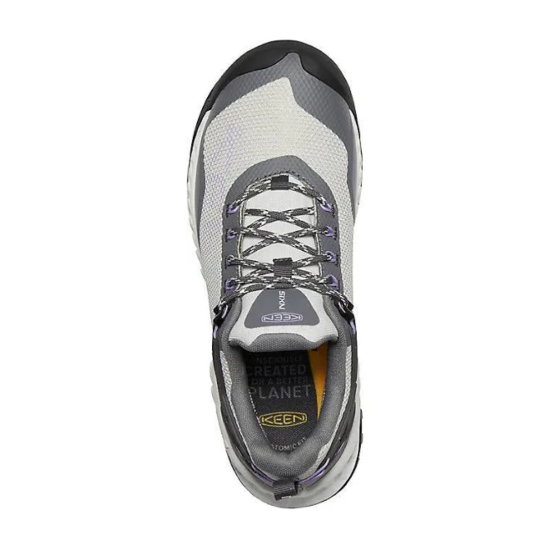 Top view of Women’s NXIS Evo Waterproof shoe in steel grey and English lavender – featuring a generously padded tongue and collar for comfort and ankle protection, moisture-wicking lining to manage sweat, and a secure lacing system with reinforced eyelets for a locked-in feel.