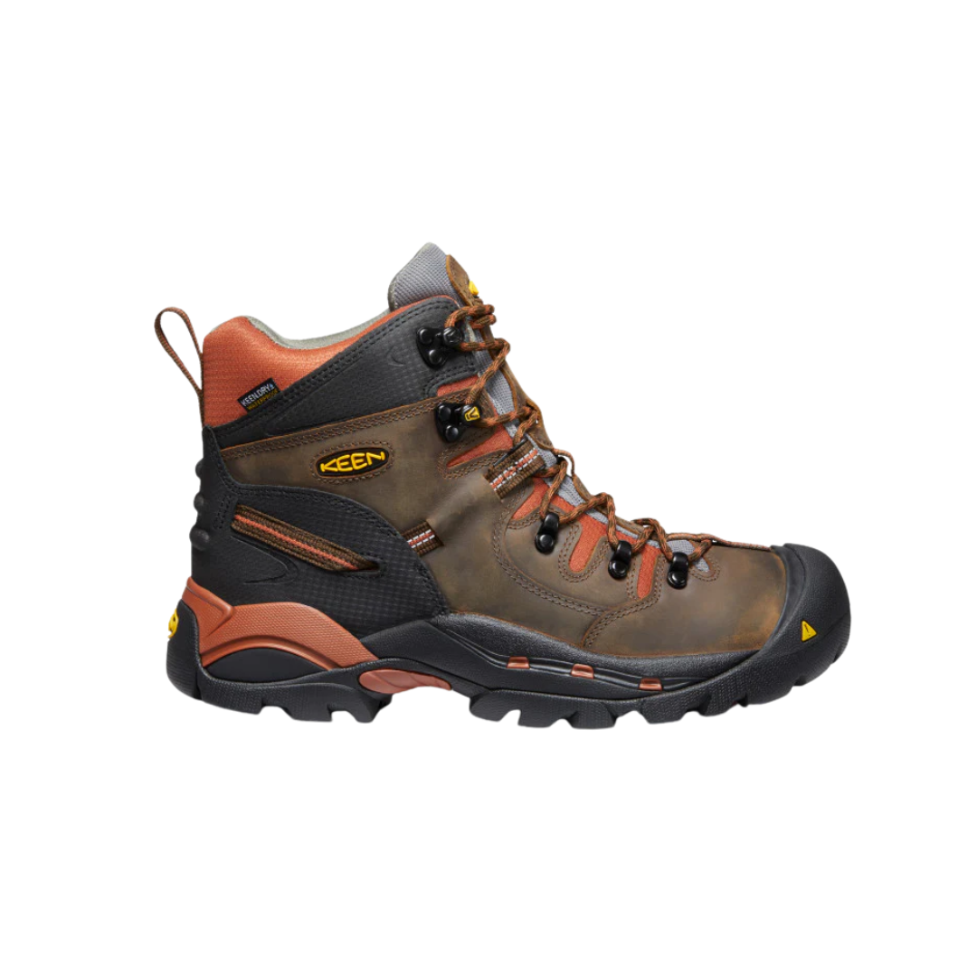 Side view of Pittsburgh 6-inch Waterproof Boot (Soft Toe) in cascade brown and bombay brown – featuring a waterproof leather upper for wet weather protection, moisture-wicking lining for dry comfort, and 6-inch height for ankle support on the job.