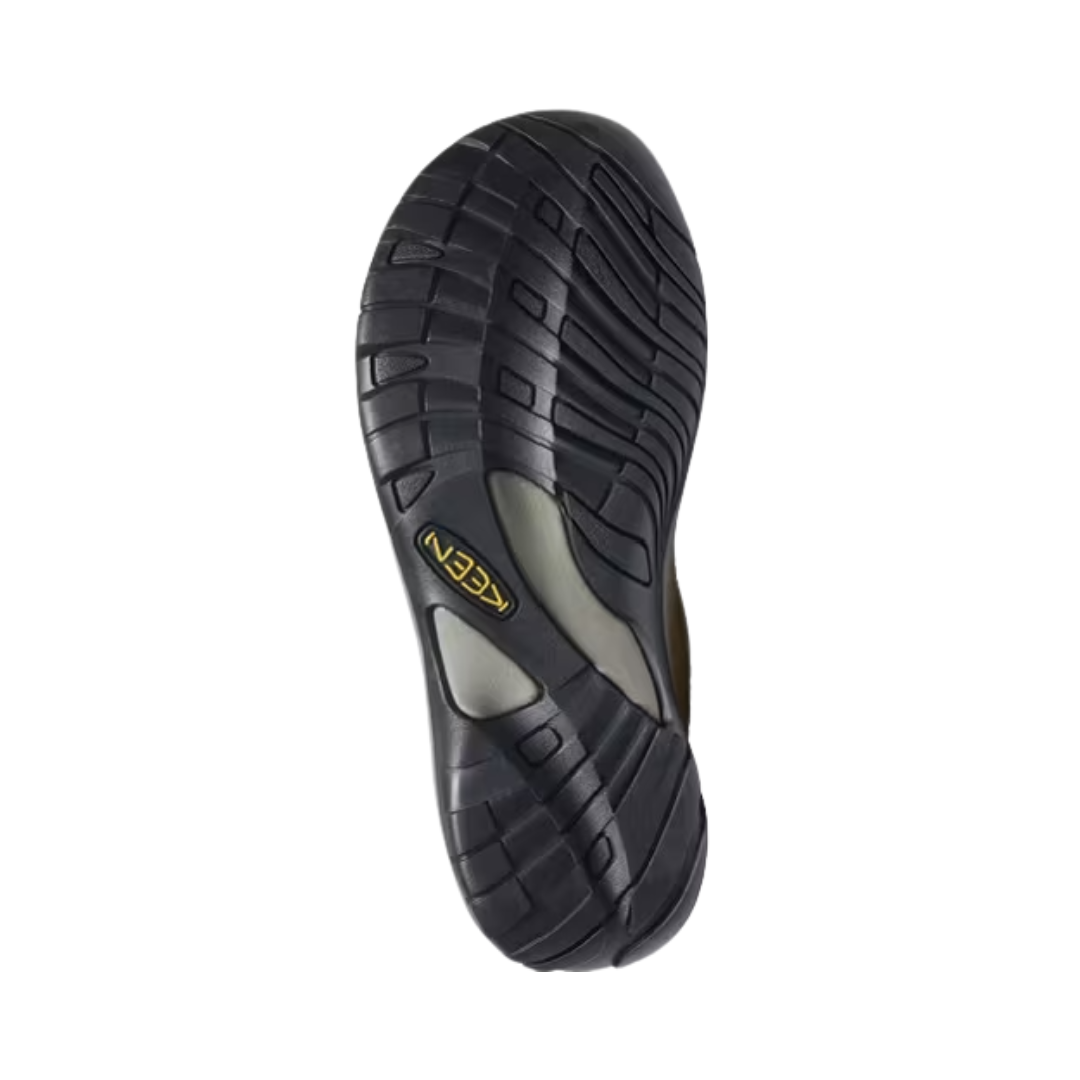 Bottom View of Women’s Keen Presidio Canvas sneaker in taupe – featuring a durable rubber outsole with patterned tread for traction, flexibility for natural foot movement, and lightweight construction for comfort.