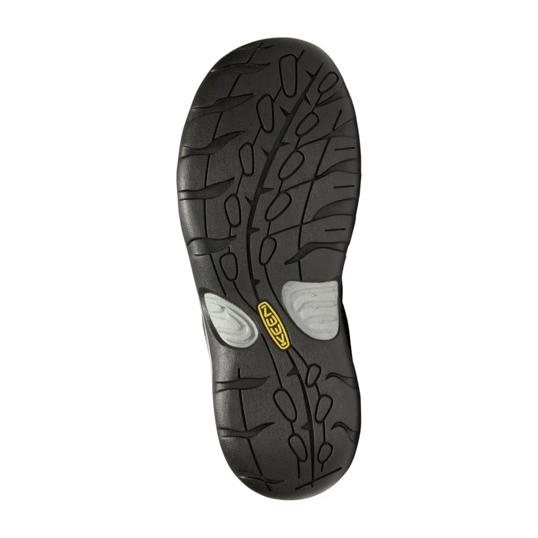 Bottom view of Women’s Presidio II sneaker in turbulence – featuring a non-marking rubber outsole with siped tread pattern for reliable traction, and flexible sole for natural movement.