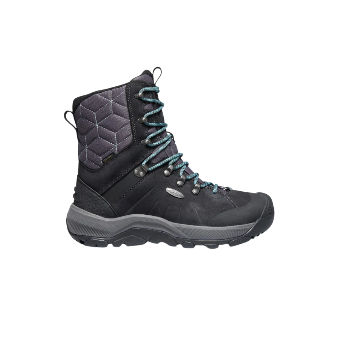 Side view of Women’s Revel IV High Polar Boot in black and north atlantic – featuring KEEN.WARM insulation rated to -25°F for severe cold protection, waterproof leather and textile upper, cushioned midsole with shock absorption to reduce joint strain, and reinforced toe and heel overlays for durability.