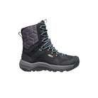 Side view of Women’s Revel IV High Polar Boot in black and north atlantic – featuring KEEN.WARM insulation rated to -25°F for severe cold protection, waterproof leather and textile upper, cushioned midsole with shock absorption to reduce joint strain, and reinforced toe and heel overlays for durability.