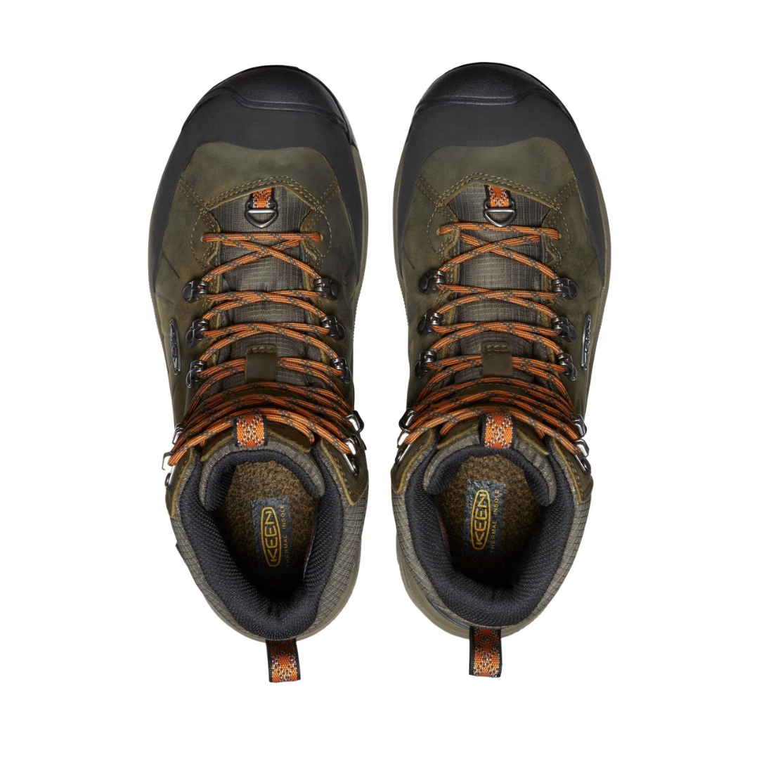 Top view of Men’s Revel IV Polar Boot in dark olive and marmalade – featuring a plush fleece lining, gusseted tongue to block out snow and debris, and secure lace-up closure for snug fit in winter environments.