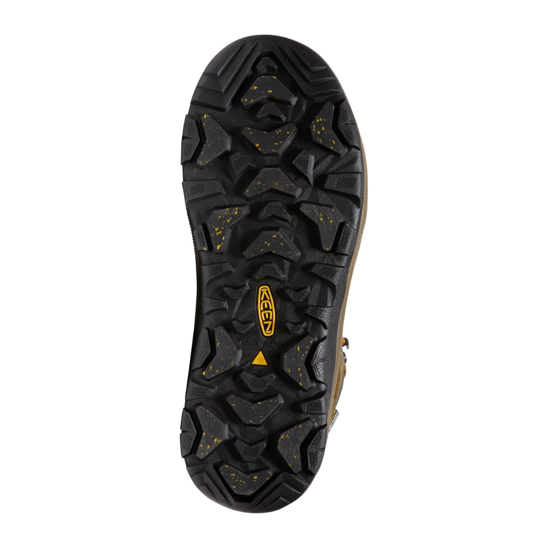 Bottom view of Men’s Revel IV Polar Boot in dark olive and marmalade – featuring a KEEN.Polar Traction outsole with micro-glass fiber lugs, multi-directional tread for grip on icy surfaces, and durable rubber for long-lasting wear.