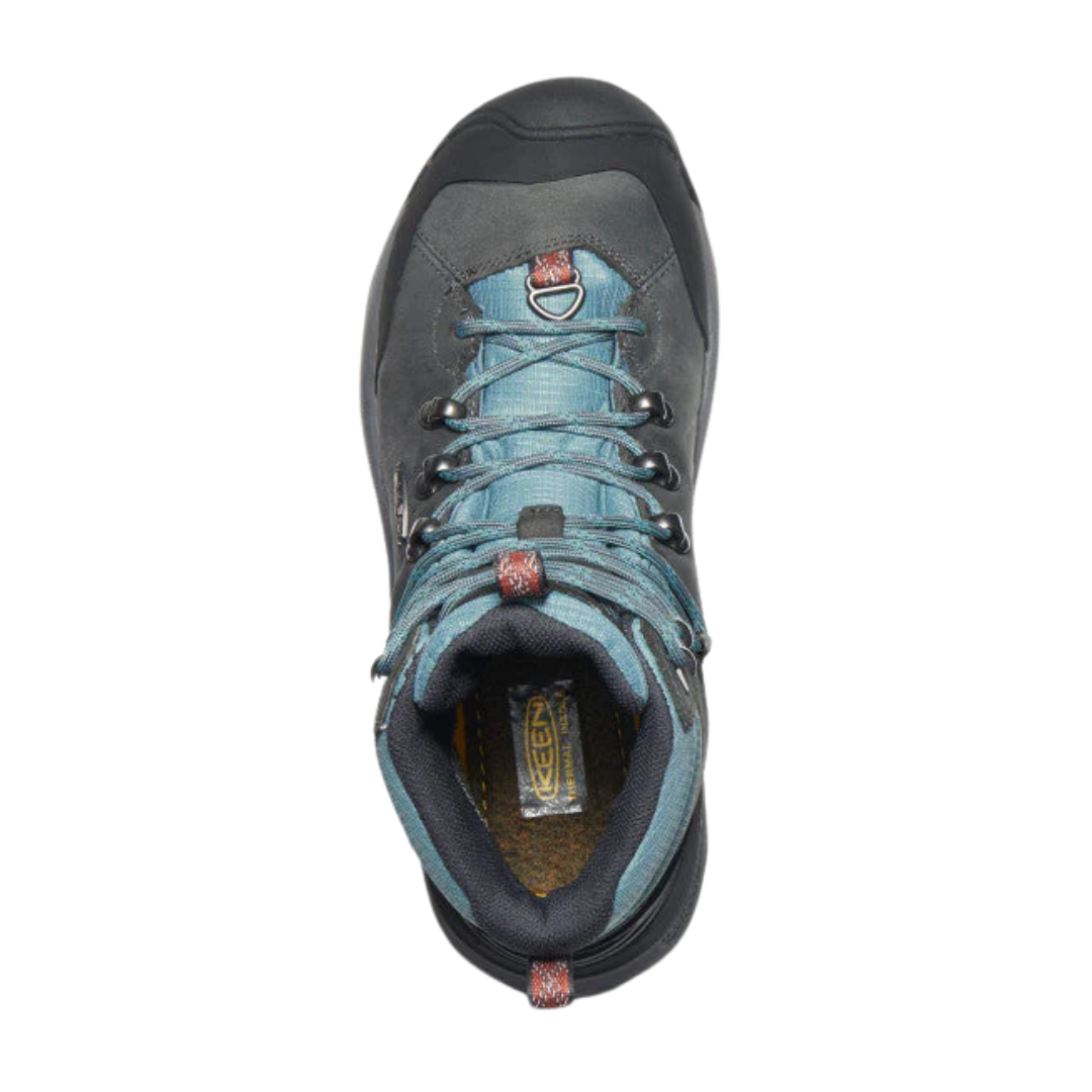 Top view of Women’s Revel IV Polar Boot in magnet and north atlantic – featuring padded collar and tongue for warmth and ankle support, moisture-wicking lining to keep feet dry and healthy, and secure lace-up closure for locked-in fit.