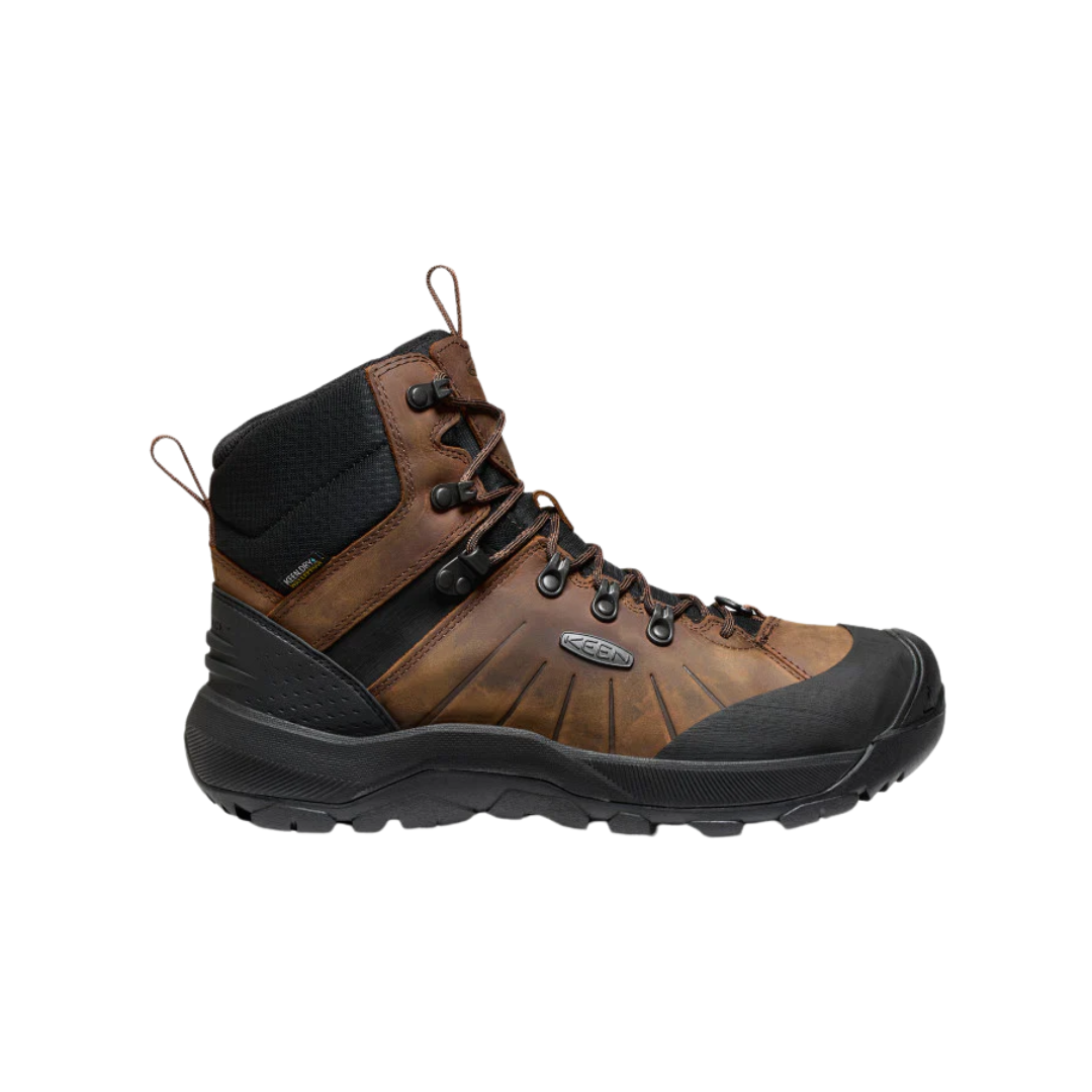 Side view of Men’s Revel IV Polar Waterproof Boot in dark earth and caramel – featuring KEEN.WARM insulation rated to -25°F for cold-weather protection, waterproof leather and textile upper for wet and snowy conditions, and mid-height design for ankle support and warmth.