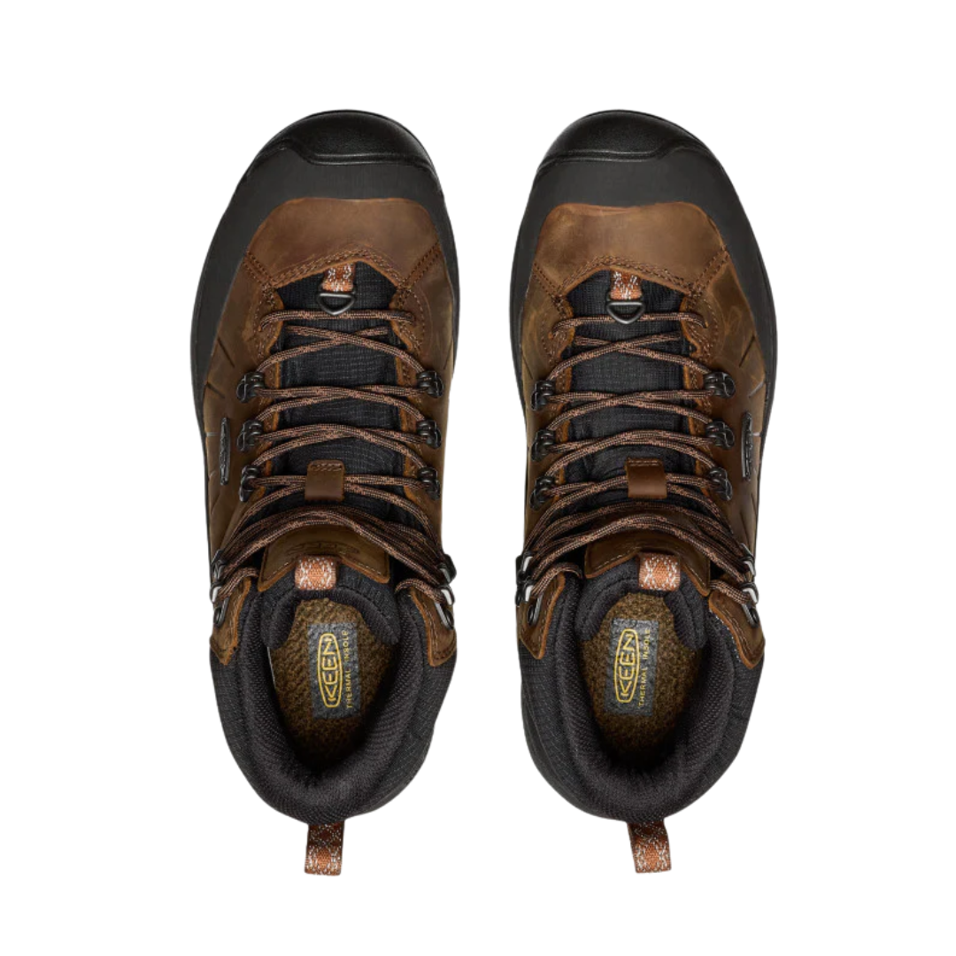 Top view of Men’s Revel IV Polar Waterproof Boot in dark earth and caramel – featuring a thermal heat shield footbed for insulation, padded tongue and collar for added comfort, and moisture-wicking lining to keep feet dry and warm.